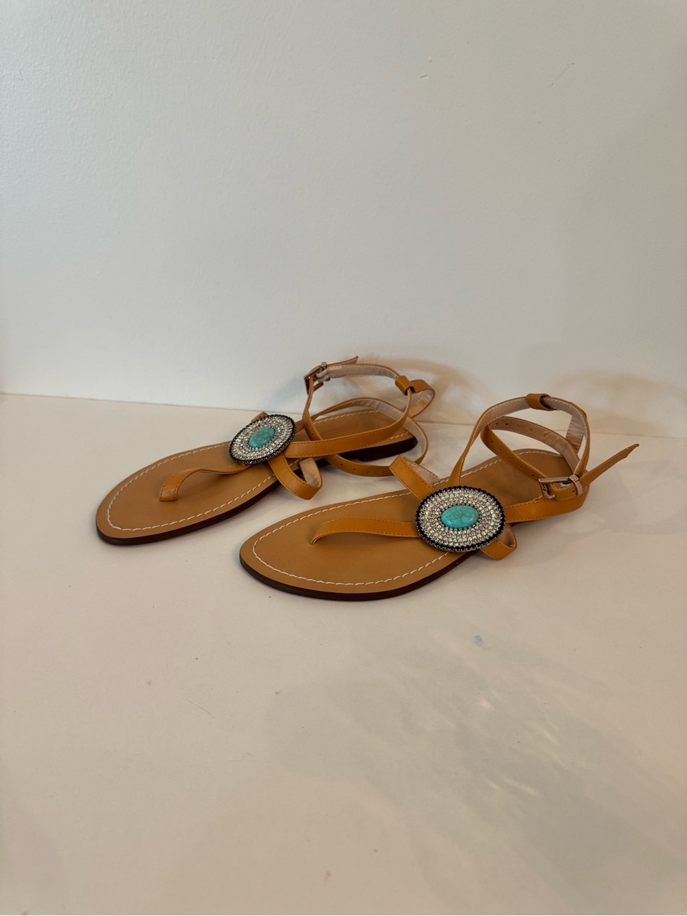 Women's Tan Beaded T-Strap Sandals